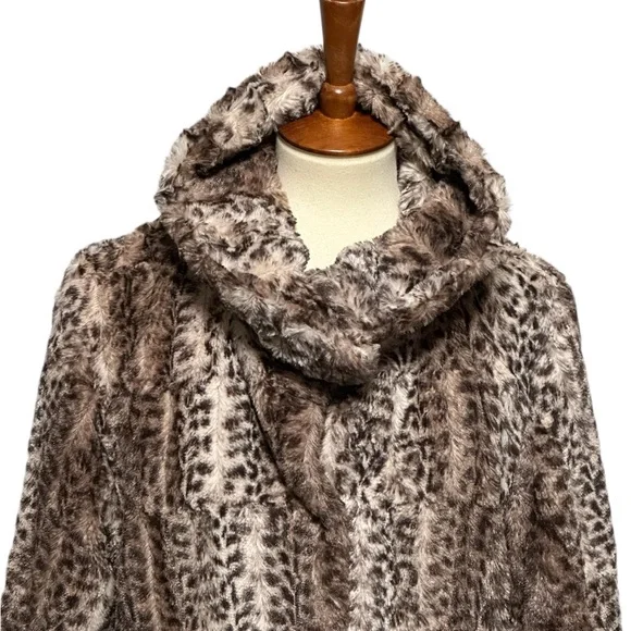 Faux Fur Leopard Print 3/4 Sleeve Jacket Snap Front Coat Collar - Picture 4 of 11